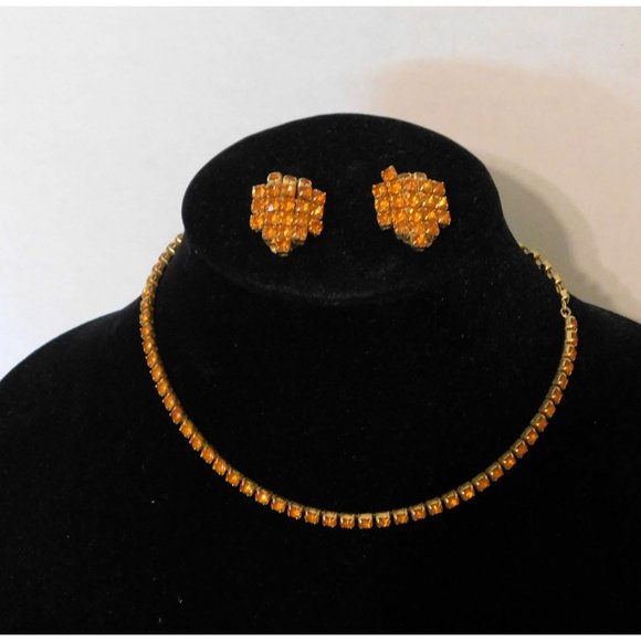 Vintage Amber Rhinestone Necklace 15 Inch Matching Clip Earrings Gold Plated - Picture 2 of 10